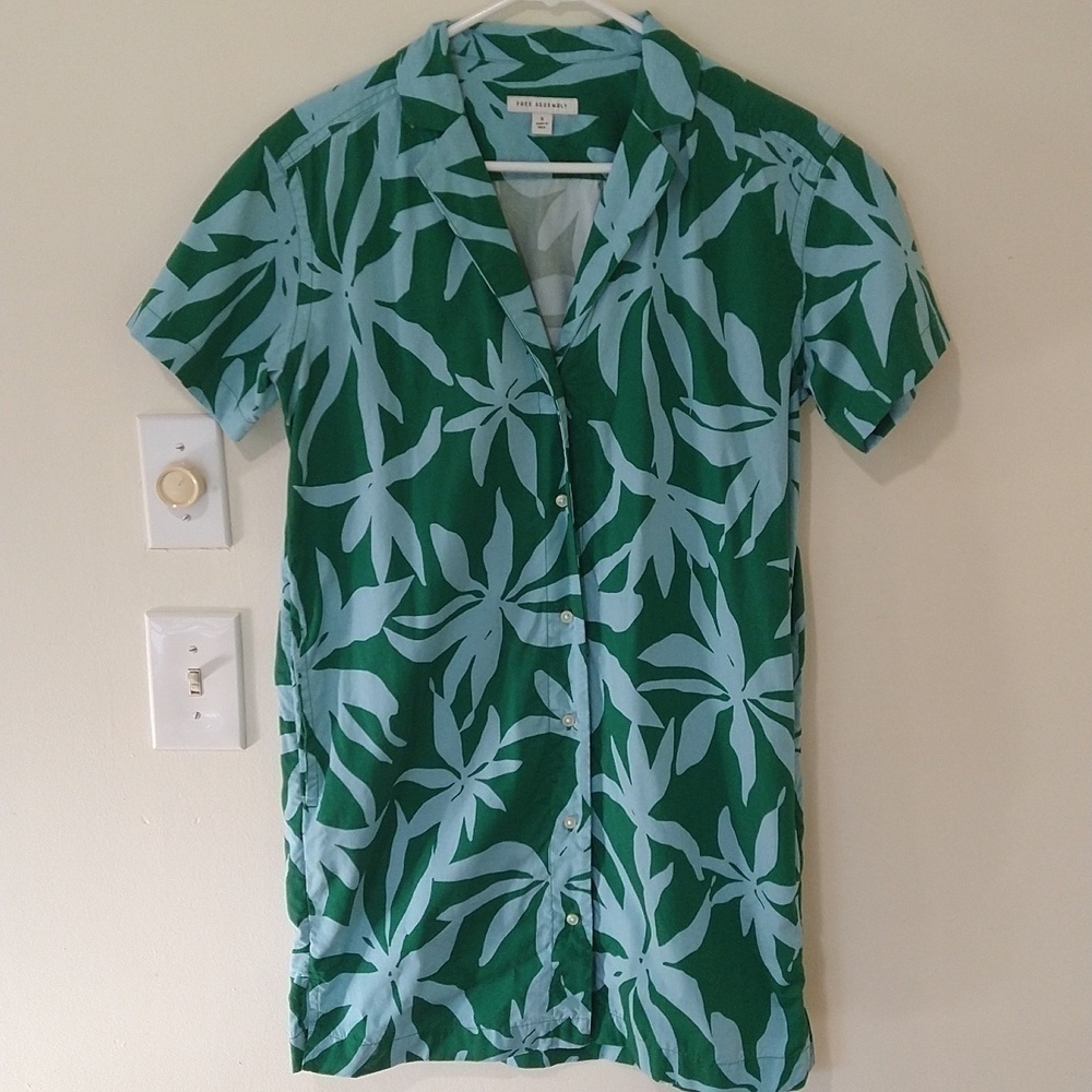 Womens Free Assembly button front dress blue green small tropical beachy coastal